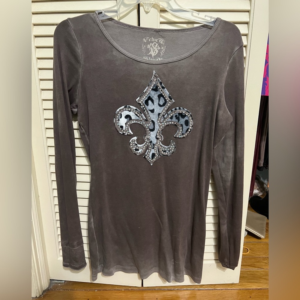 Gray Long Sleeve Top with Embellished Design